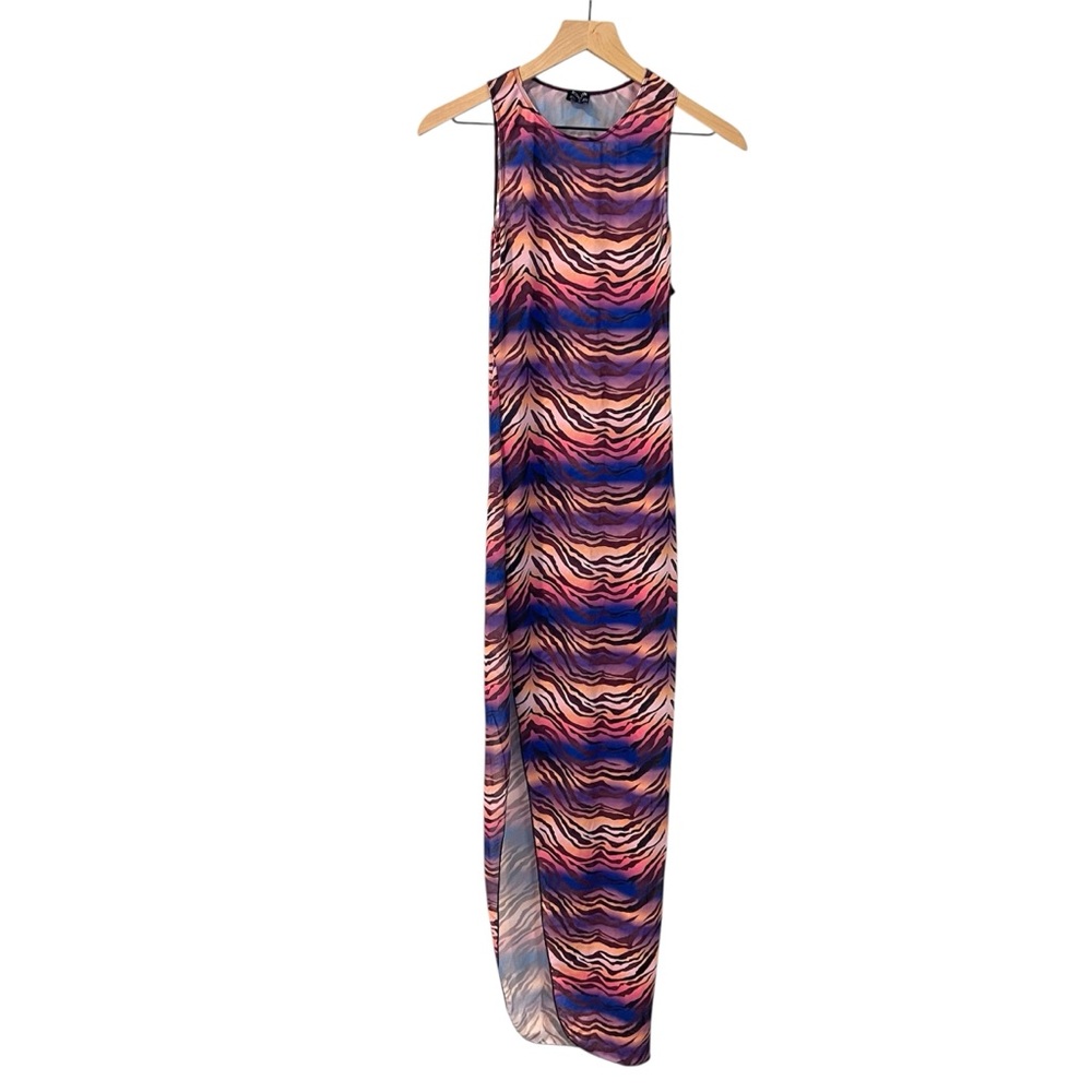 Icon Swim‎ x City Girls Mesh Sleeveless Zebra Print Side Slit Maxi Dress Size L